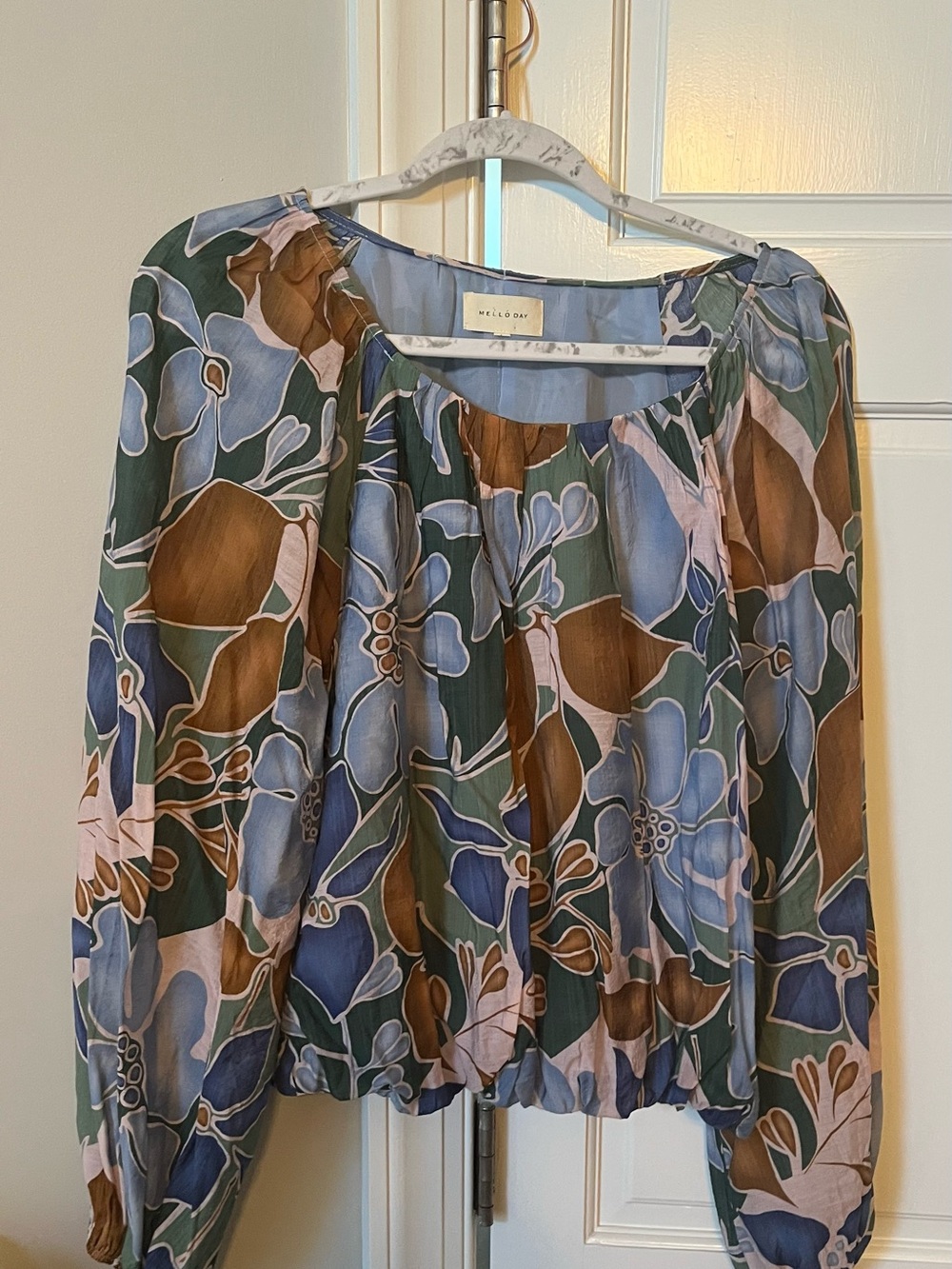 MELLODAY Blue Green Brown Floral Scoop-Neck Blouse